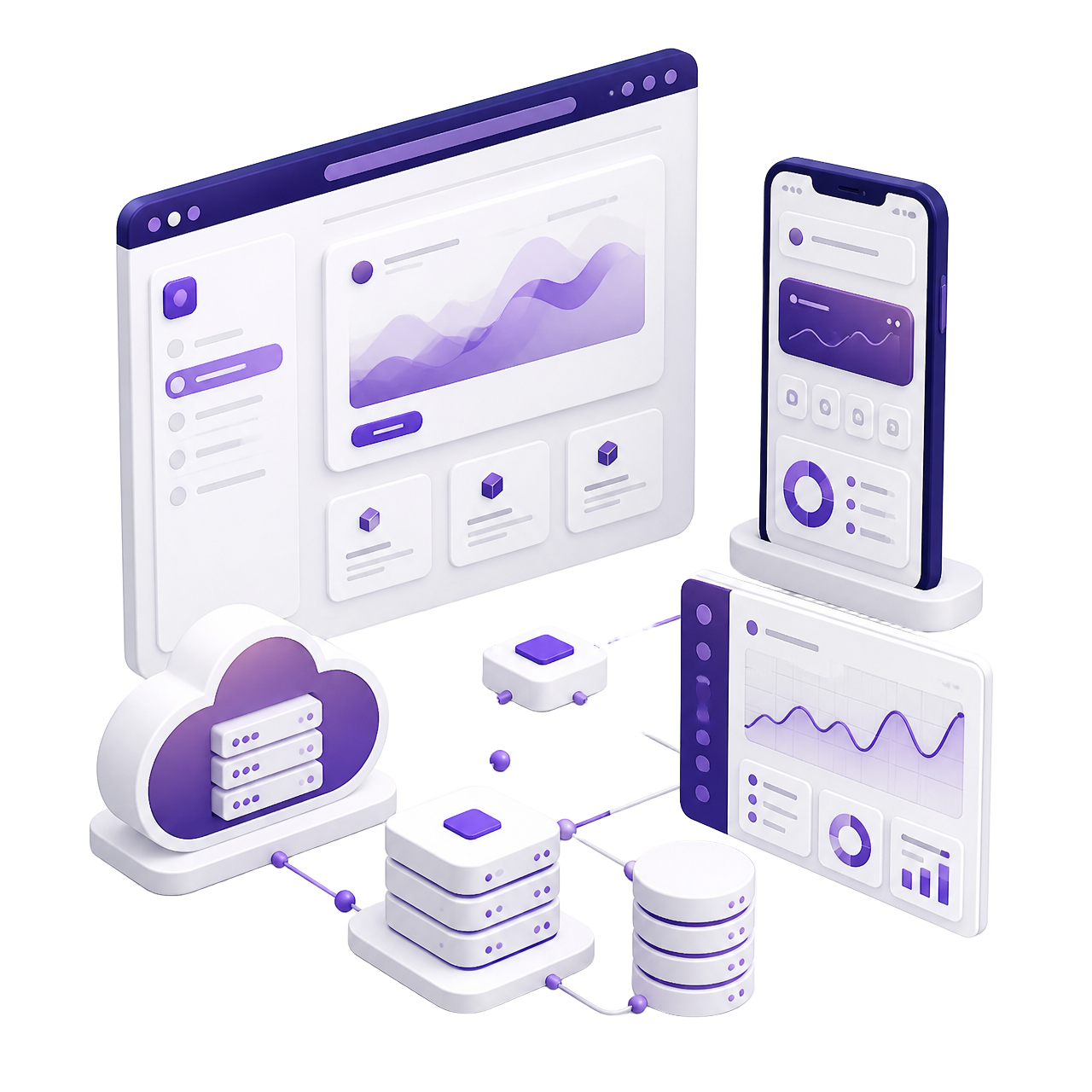 3D illustration of a connected software ecosystem